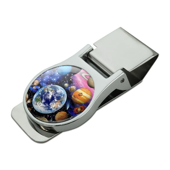 Planets Solar System Earth Nebula Satin Chrome Plated Metal Money Clip