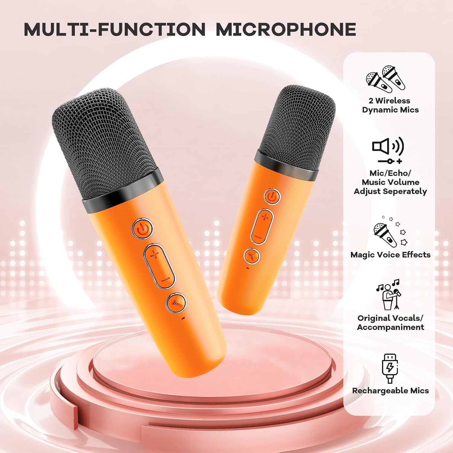 Mini Karaoke Machine for Adults, Portable Bluetooth Speaker with 2 Wireless Microphones, Birthday Gifts Toys for Girls Boys Ages 3, 4, 5, 6, 7, 8, 9,10,11,12+ Years Old Toddler (Orange)