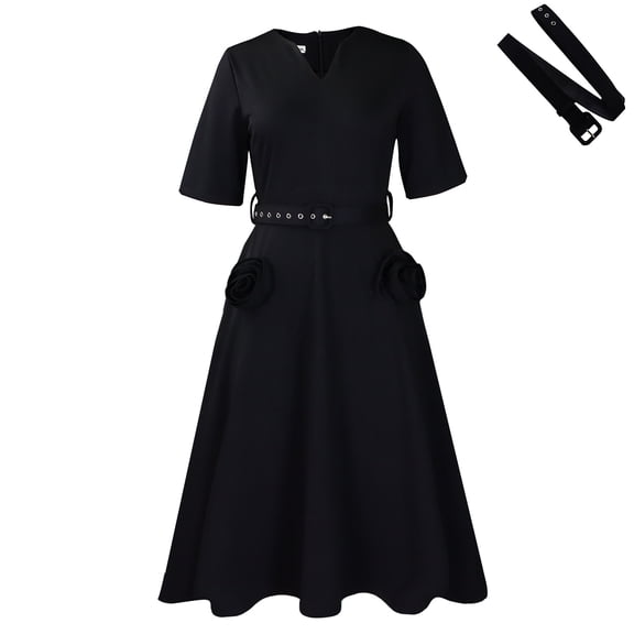 AURA Plus Size Summer V Neck A Line Midi Dress High Waist Short Sleeve Elegant African Work Dress with Belt