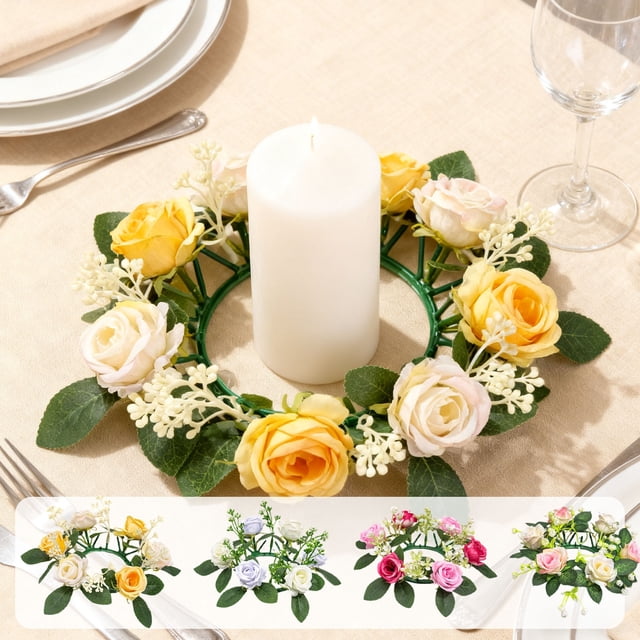 Plastic Candlestick Decorative Ring Simulated Rose Candlestick Wreath Artificial Flower Candle Holders and Window Display for Wedding Tabletop Decorations(1Pcs) Rkxzt