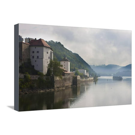 Cruise Ship Passing on the River Danube in the Early Morning Mist, Passau, Bavaria, Germany, Europe Stretched Canvas Print Wall Art By Michael