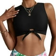 thumbnail image 2 of Women's Solid Tie Front Crop Trendy Cozy Tankini Top Knotted High Neck Sports Bra Padded Swimsuit Bathing Suit Black M, 2 of 5