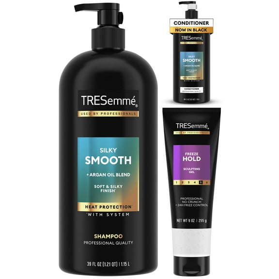 Tresemme Silky & Smooth Anti-Frizz Shampoo, 39 oz & Conditioner, 39 oz & Mega Control Alcohol-Free Hair Gel for Frizz Control with Coconut Oil, 9 oz Bundle
