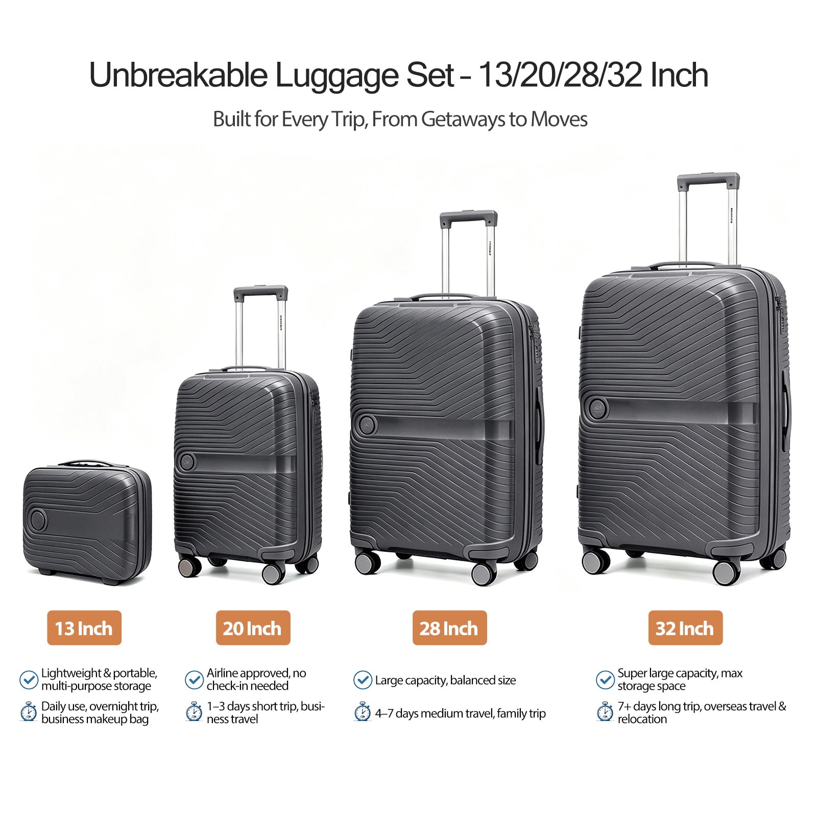4 Piece Expandable ABS Luggage Set 13"+20"+28"+32", Hard Shell Spinner Suitcases with TSA Lock, Lightweight Travel Suitcase for Family Trip GREY