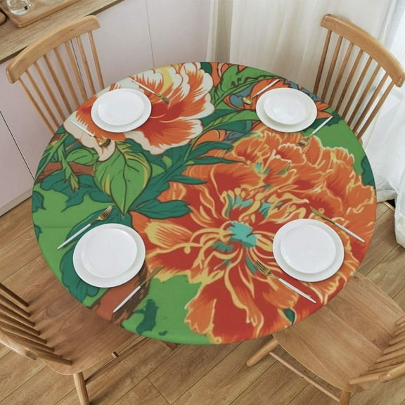 Round Fitted Tablecloth with Elastic Emerald Green Floral Fitted Table Covers for Round Tables Waterproof Reusable Vinyl Table Cloth for Indoor and Outdoor 40"-48" ,24ju22ccC03