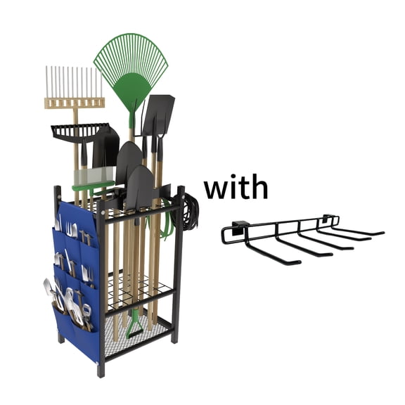 Heavy-Duty Metal Garden Tool Organizer for Garage, Utility Storage Rack with Storage Bag, Garden Storage Holder for Shovels, Rakes, Brooms and Long Handled Tools