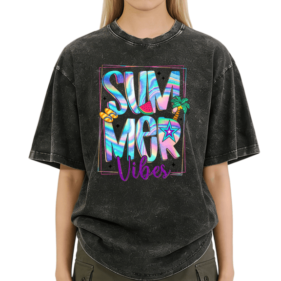 Giffimy Women's Summer Vibes Vintage Washed T-Shirt Short Sleeve Crewneck Relaxed Fit Tee