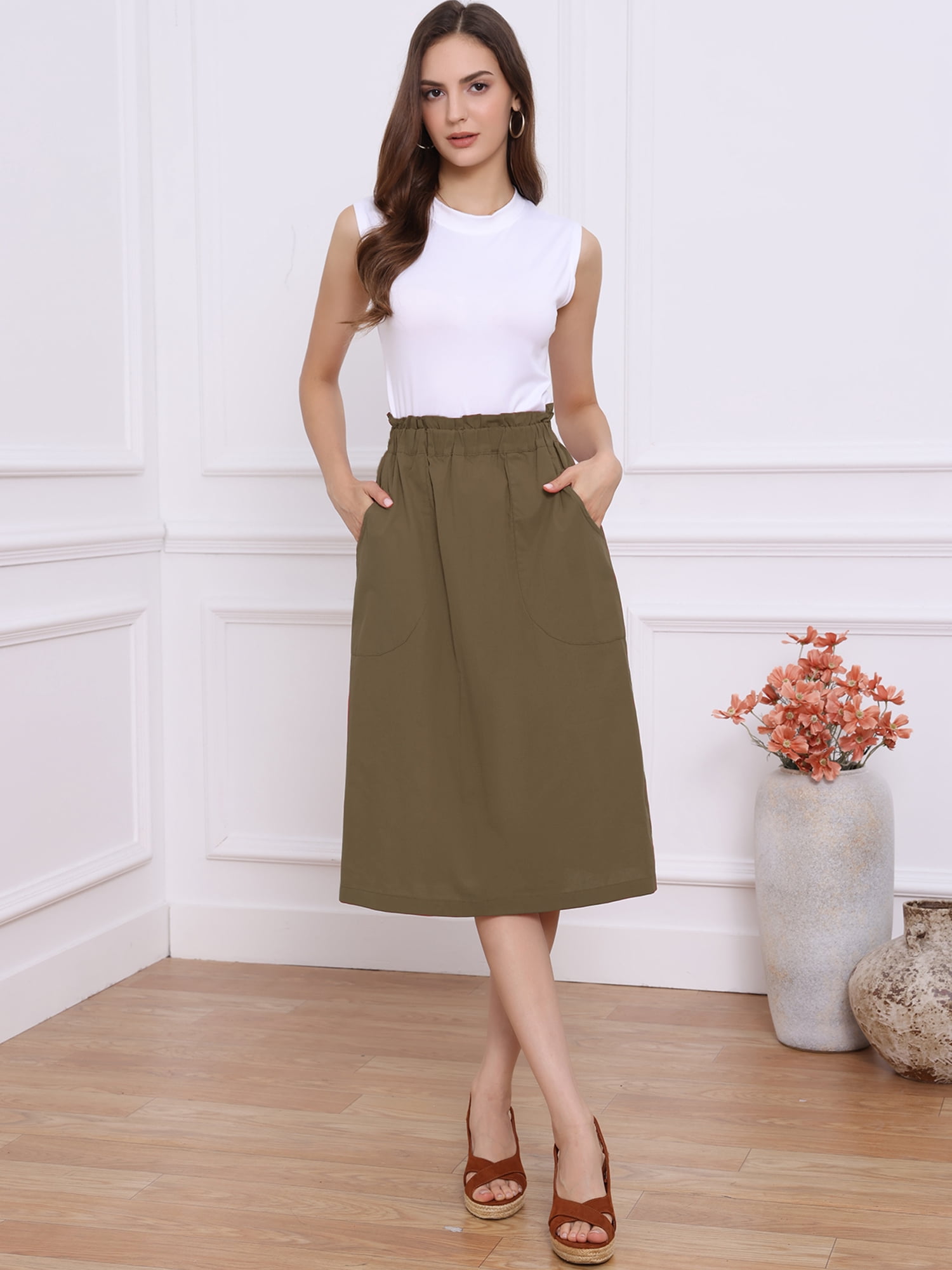 DARING DIVA Women's Cotton A-Line Elastic Waist Peasant Skirts with Pockets L Dark Brown