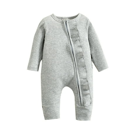 

QYZEU Baby Girl Easter Outfit Walk Through Romper Boys Girls Long Sleeve Ruffles Ribbed Zipper Romper Toddler Jumpsuit Clothes