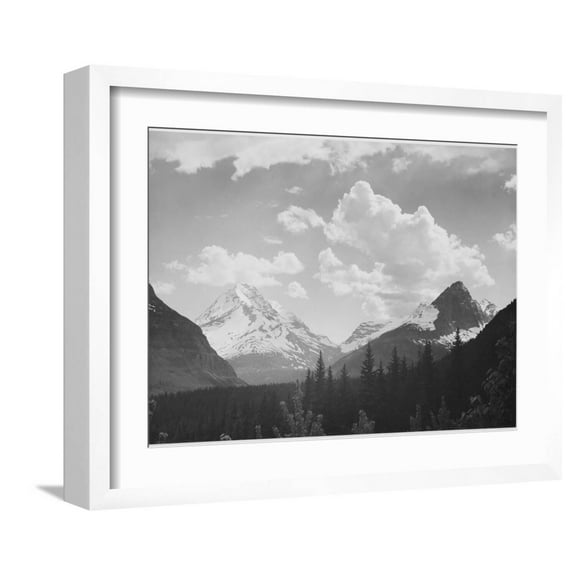 Art.com Looking Across Forest To Mountains And Clouds In Glacier National Park Montana. 1933-1942 Art Print by Ansel Adams, White Frame Wall Art, 21" x 17"