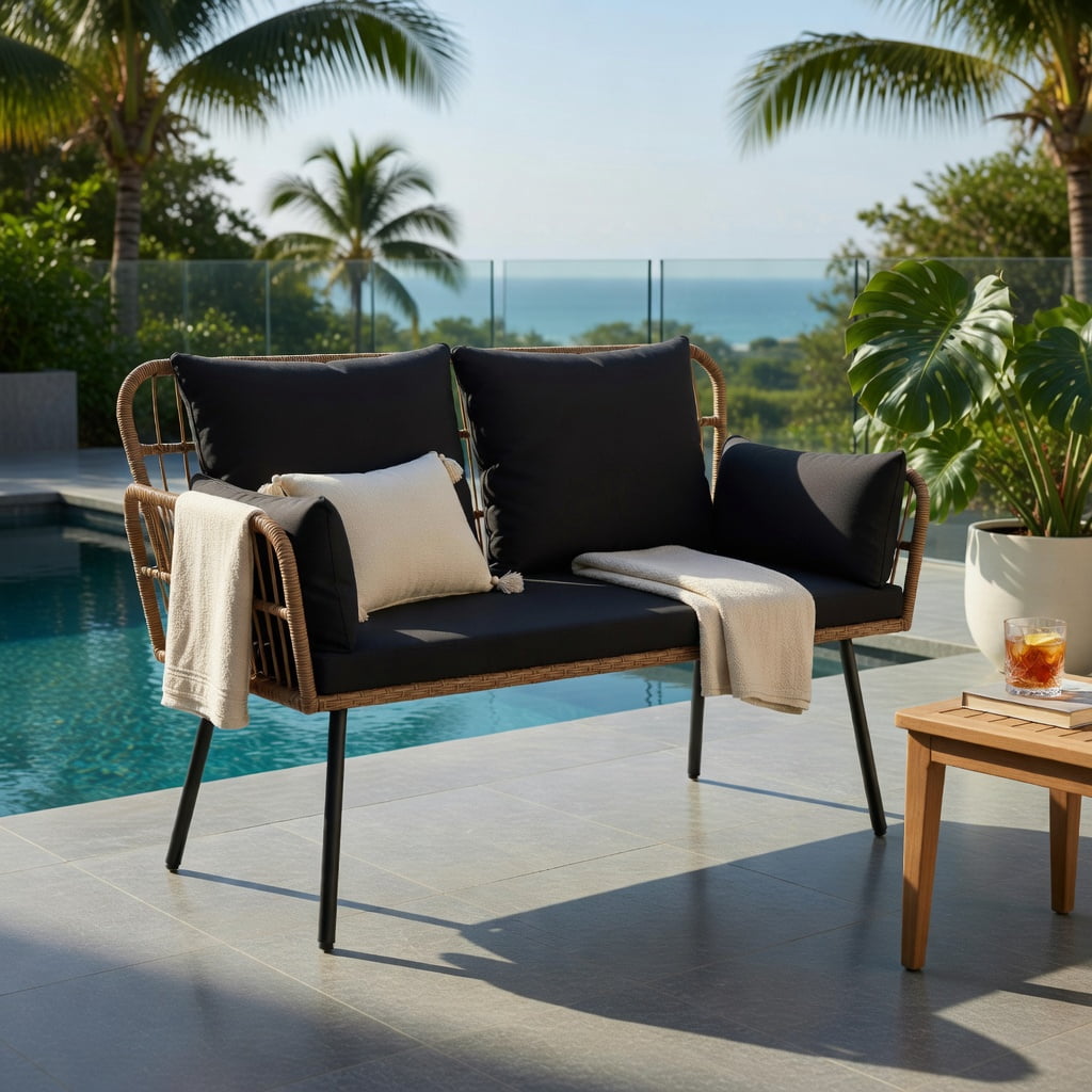 Hommoo Hommoo 2-Seat Outdoor Wicker Loveseat with Cushions, Heavy-Duty Steel Frame, PE Rattan Patio Chair for Backyard, Deck or Balcony, Black