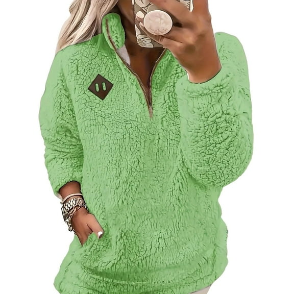 Fleece Pullover Women Long Sleeve Half Zip Sherpa Jacket with Side Pockets Soft Warm Trendy Teddy Winter Sweatshirts