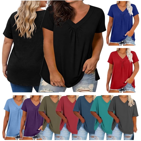 QIUOMBBP Plus Size Tops for Women Dressy Casual Pleated V Neck T Shirts Summer Cotton Soft Tunic Blouse Flowy Loose Tees, Light Blue, XXL
