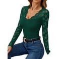 thumbnail image 2 of Women'S Floral Embroidery Mesh Lace V Neck Long Sleeve Top Dark Green S, 2 of 9