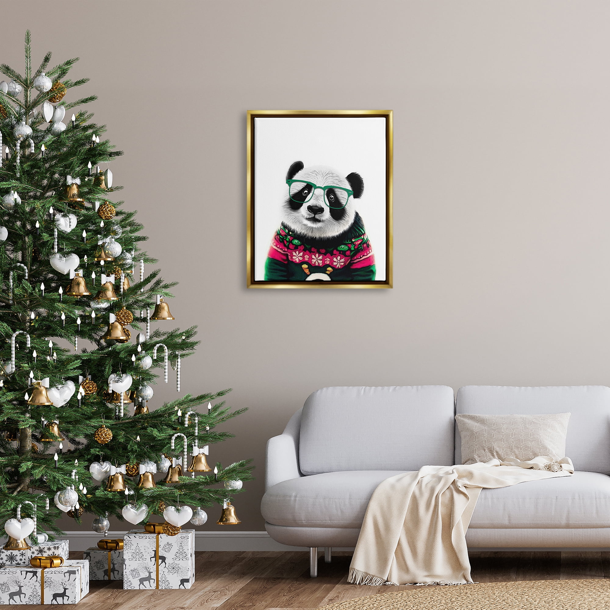 Stupell Industries Panda in Holiday Sweater Holiday Painting Gold Floater Framed Canvas Art Print Wall Art, 25 x 31