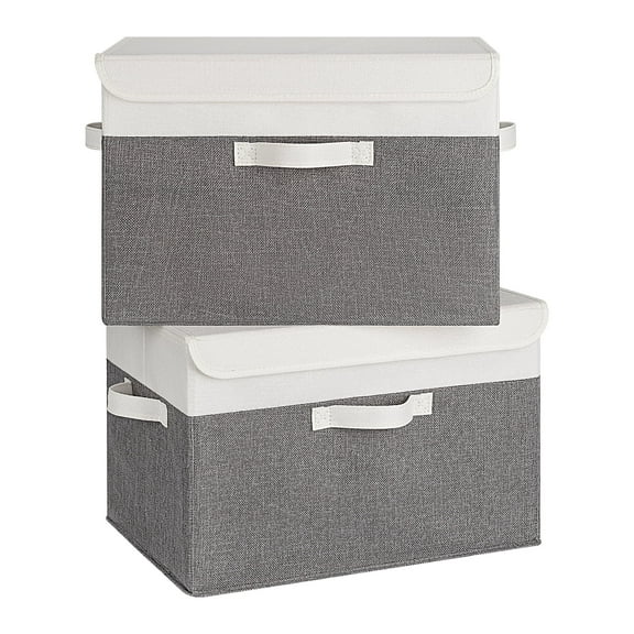 Granny Says Collapsible Storage Bins with Lids, Decorative Storage Basket for Shelves, Toy, Closet, White&Gray, 2-Pack
