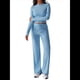 thumbnail image 3 of Conjuntos de 2 Piezas para Mujer, Larga, Cuello Redondo, Pantalones Acampanados de Cintura Alta, Conjuntos de Chándal, Ropa de Calle. Azul L, 3 of 10