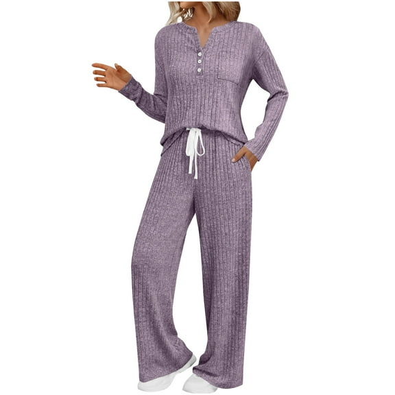 Women's 2 Piece Knitted Set V Neck Button Pullover Tops Drawstring Straight Leg Pockets Pants Casual Loose Suit (XL, Purple)