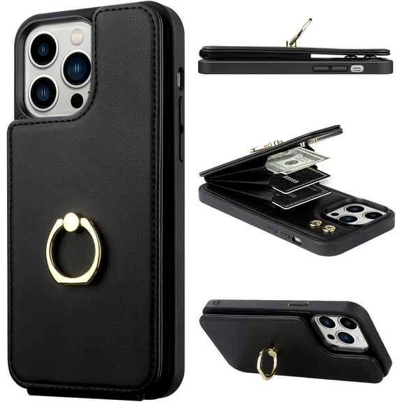 Wallet Case for iPhone 14 Pro with Card Holder 360°Rotation Ring Stand Kickstand Women Girls PU Leather Double Buttons Flip Cover RFID Blocking Protective Case for iPhone 14 Pro 6.1" Violet