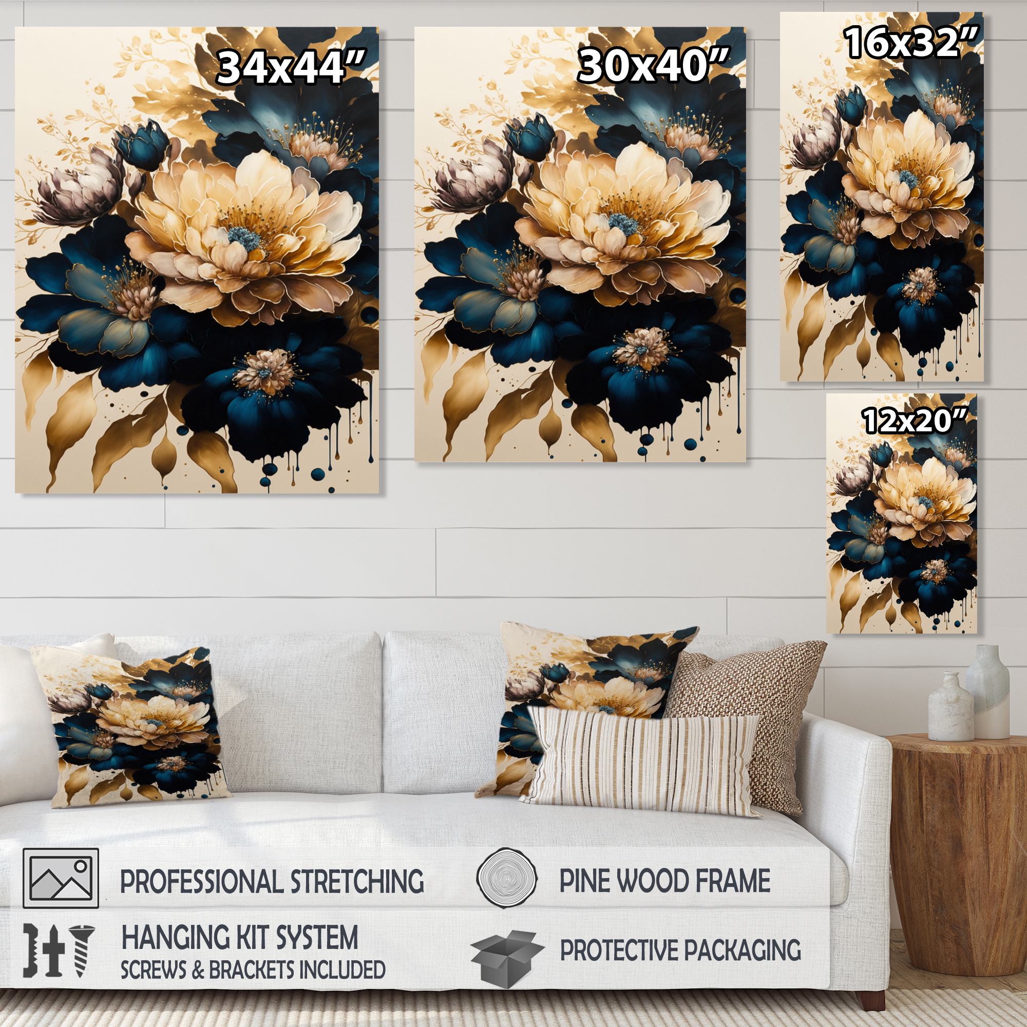 Designart Blue And Gold Dahlia Bunch III Canvas Wall Art