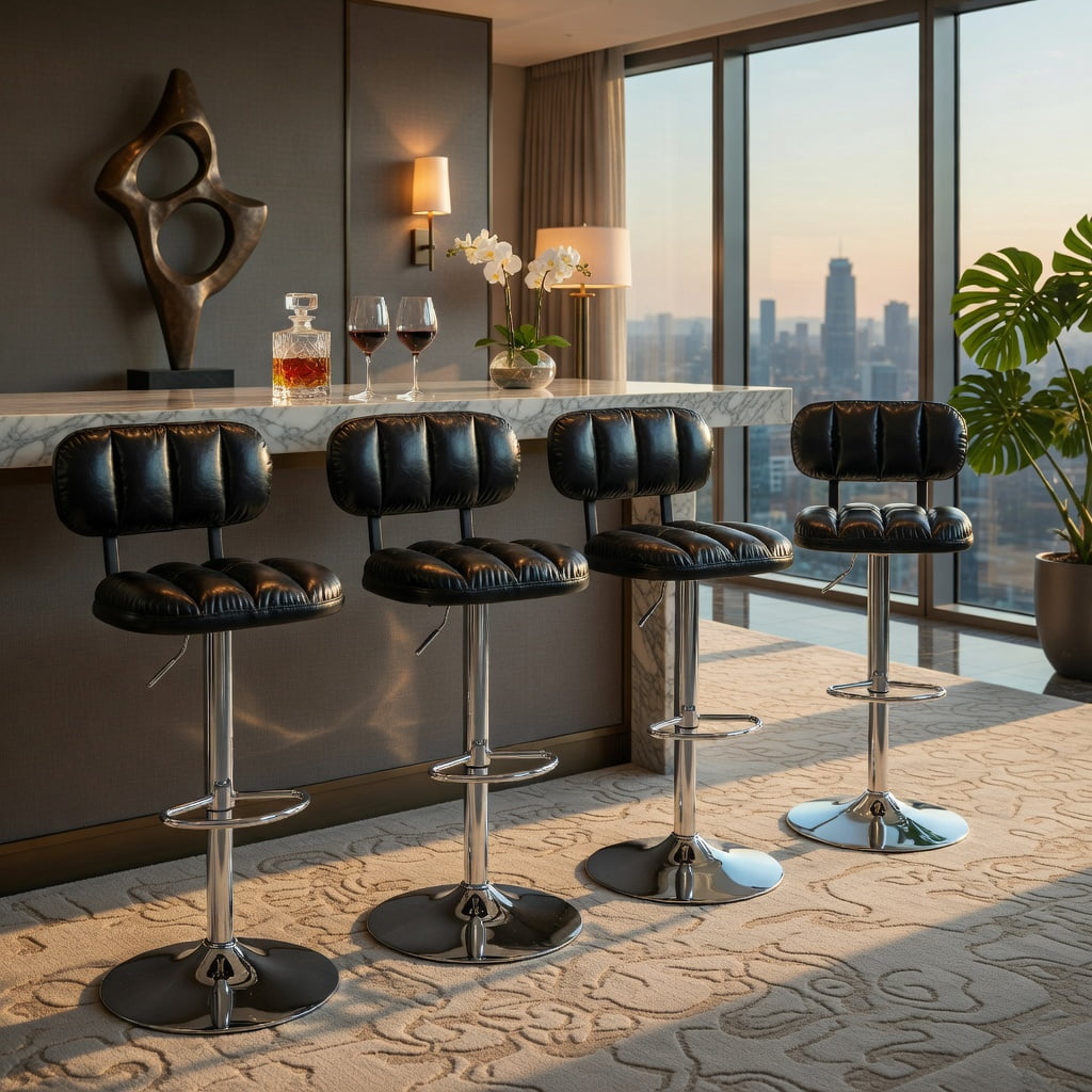 Hommoo 2-Pack Adjustable Bar Stools PU Leather with Chrome Base & Footrest, Height-Adjustable Modern Kitchen Island Stools for Home Bar, Game Room & Office Break Area, Black