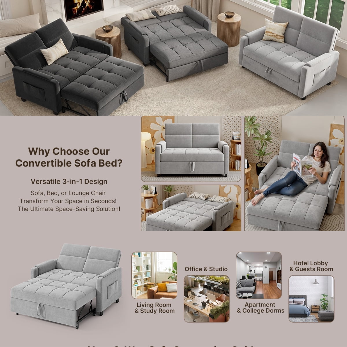 Jolifa Sofa Bed, 2 in 1 Sleeper Sofa with Detachable Linen Cover, Easy to Assemble, Recliner Lounge, Comfy Futon Pull Out Couch for Living Room/Office/Apartment (Light Grey)