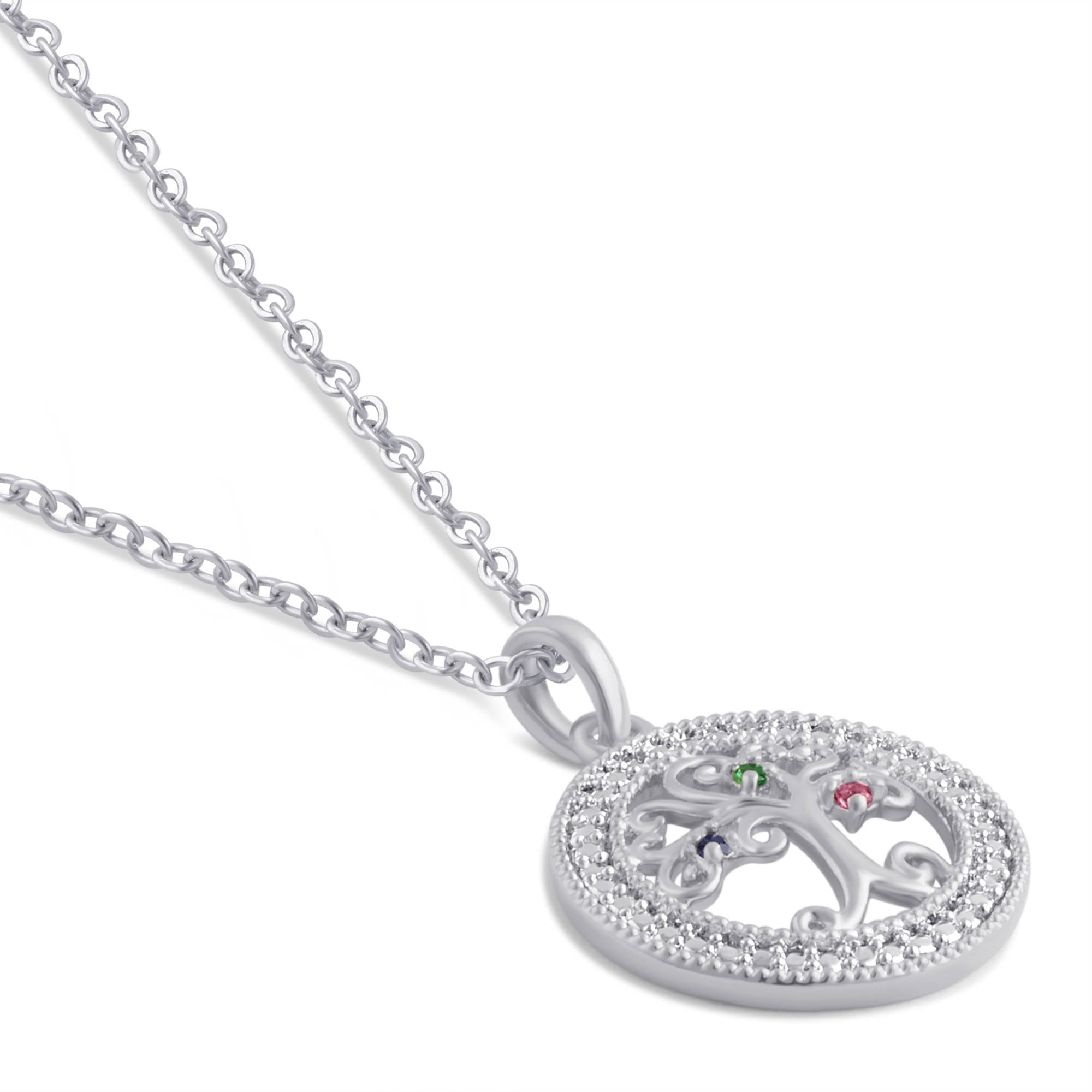 Silver Tone Birthstone Tree of Life Circle Pendant, 18" Chain