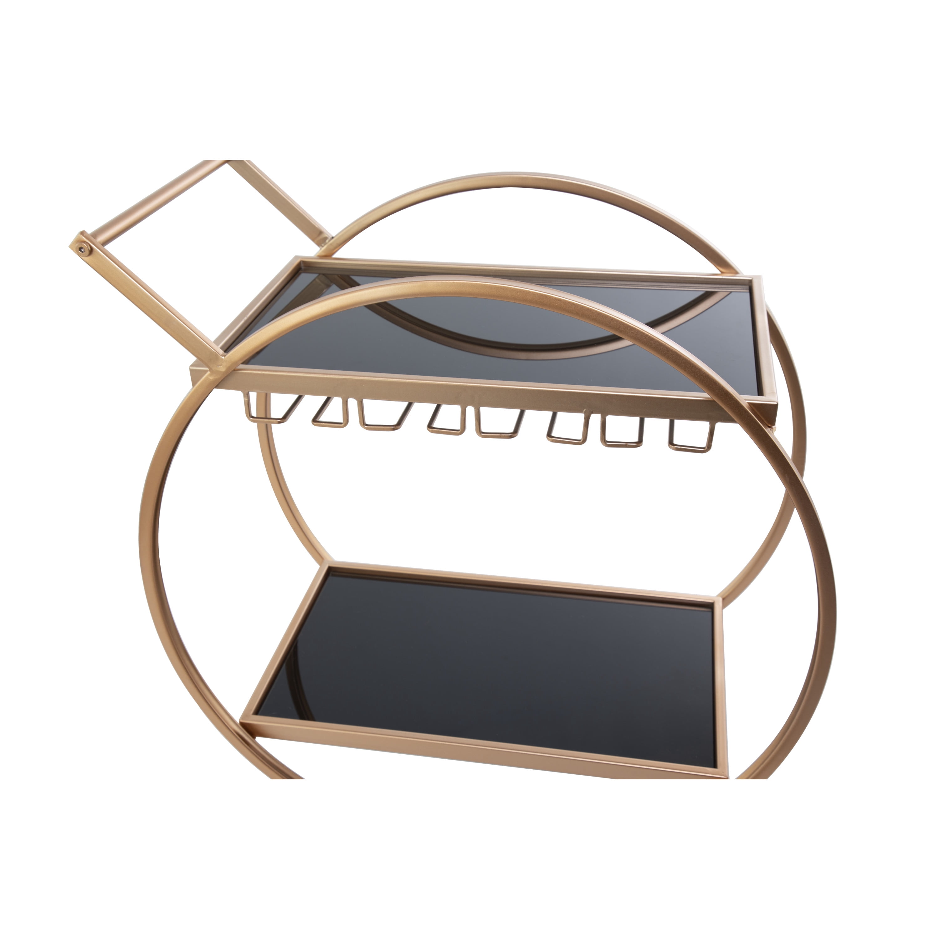 DecMode 28" x 31" Rose Gold Metal Rolling 2 Mirrored Shelves Bar Cart with Wine Glass Storage and Handle, 1-Piece