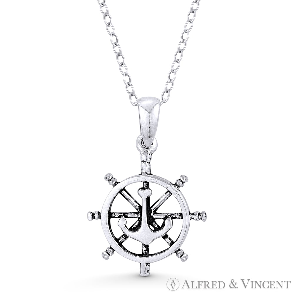 Solid Helm With Anchor .925 Sterling Silver Pendant Necklace