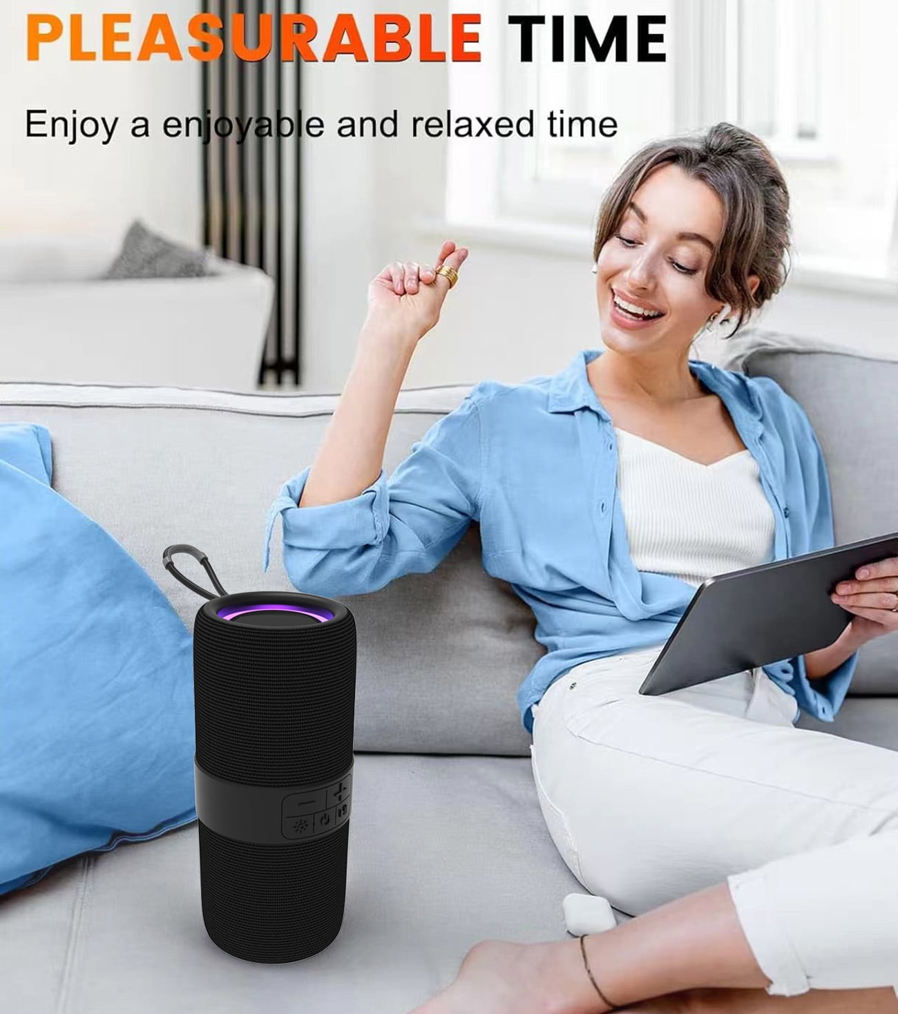 Ficcug Portable Wireless Bluetooth Speaker,Waterproof Speaker with LED Lights / Deep Bass,10H Playtime,TWS Pairing for Outdoor Party,Black