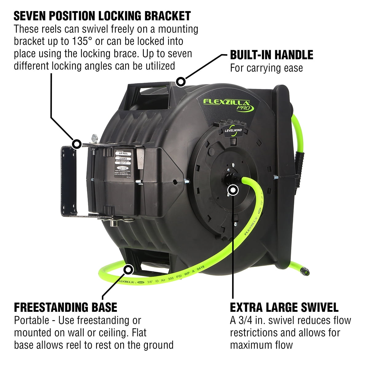 Flexzilla® Pro Retractable Air Hose Reel with Levelwind Technology, 3/8" x 75', ZillaGreen®