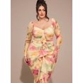 thumbnail image 6 of Yellow Plus Size Womens Floral Print Ruched Square Neck Long Sleeve Maxi Dress With Ruffle Hem, 6 of 7