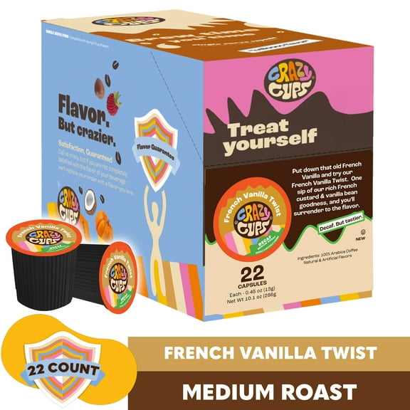Crazy Cups Decaf French Vanilla Twist Coffee Pods, Medium Roast, 22 count for Keurig K Cup Brewer Machines