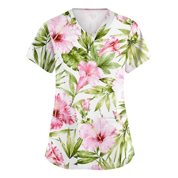 Hawaiian Scrub Tops for Woman Plus Size Stretch V-Neck Short Sleeve Nursing Scrub Shirts Breathable Lightweight Medical Uniform Light Green 5XL