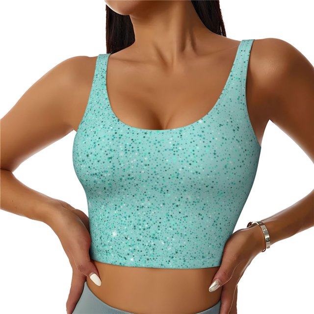 Fotbe Teal Turquoise Glitter Sujetador Deportivo Largo sin Aros para Mujer con Almohadillas y Soporte Medio, Transpirable y Absorbente, Camiseta Tipo Chaleco o Tank Top-XX-Large