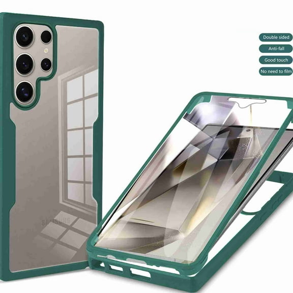 Dteck Clear Case for Samsung Galaxy S25 Ultra, With Soft PET Screen Protector Full Body Protection Hard PC Back Shell Soft TPU Bumper Shockproof Rugged Cover, Darkgreen