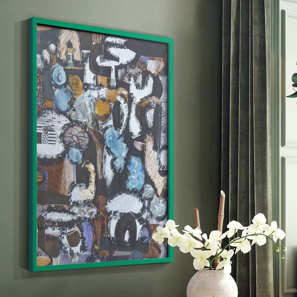 California Beach Blue Glass Framed Print in Green Solid Wood Framed Print No Nail Hanging