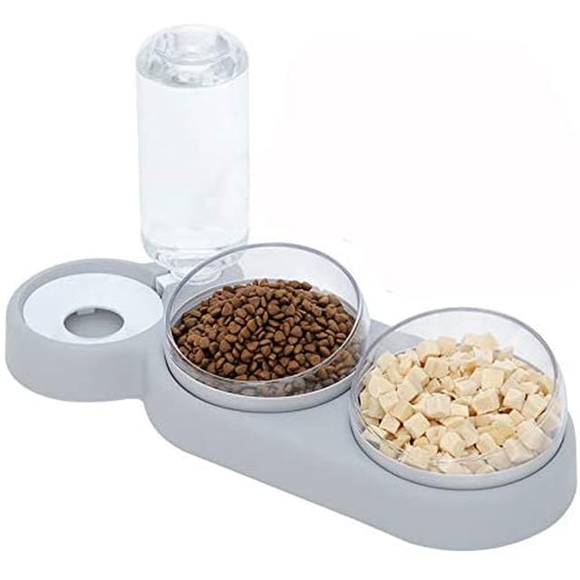 Comedero doble elevado para gatos, inclinable hasta 15°, antivómitos, comedero 3 en 1 con depósito automático de agua (gris)