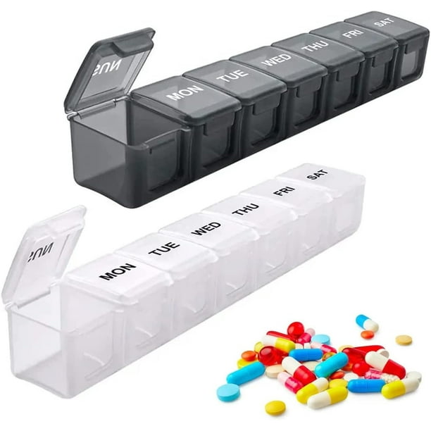 Paquete de 2 organizadores semanales grandes de pastillas – Planificador de vitaminas de 7 días y caja de medicamentos con compartimentos grandes – Sin BPA (negro + blanco)