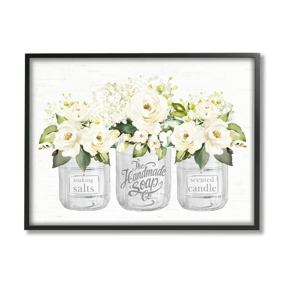 Stupell Industries White Roses Blooming Country Rustic Candle Jars Graphic Art Black Framed Art Print Wall Art, Design by Lettered and Lined
