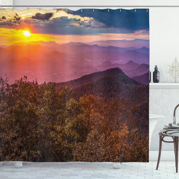 Appalachian Shower Curtain, Vivid Sky at Sunset Blue Ridge Mountains Picturesque Scenery in Georgia, Fabric Bathroom Set with Hooks, 69W X 75L Inches Long, Multicolor, by Ambesonne