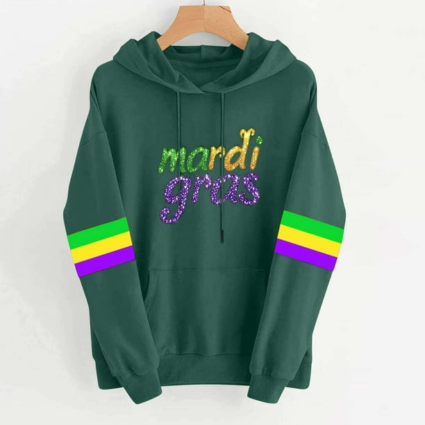 Uootdi Mardi Gras Womens Drawstring Hoodies for Women Carnival Crewneck Heart Print Hooded Long Sleeve Pullover Festive Color Block Loose Sweatshirts Gift