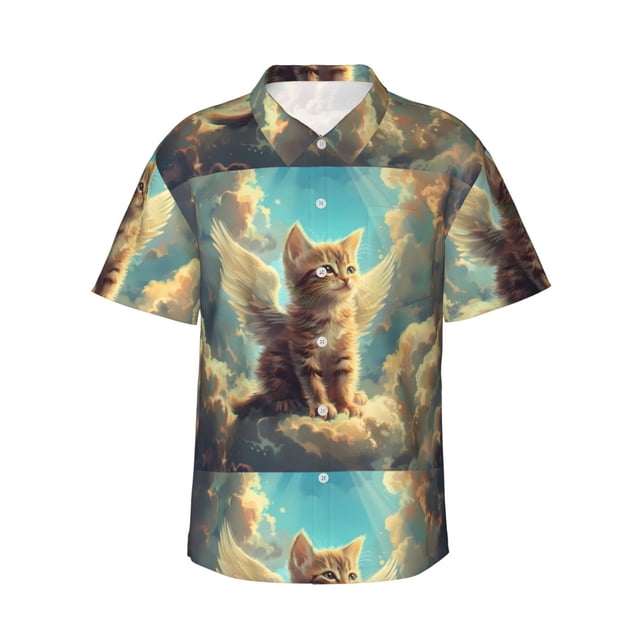 Balery Sunshine Cloud Cute Cat Camisas hawaianas de manga corta para hombre, camisas playeras de corte holgado, camisas de vacaciones con botones,XX-Large