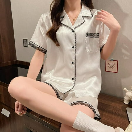 

PIKADINGNIS 2 Pieces Faux Silk Satin Pajamas Set Summer Women Sleepwear Short Sleeve Nightwear Comfortable Girl Home Wear Sleepsuits
