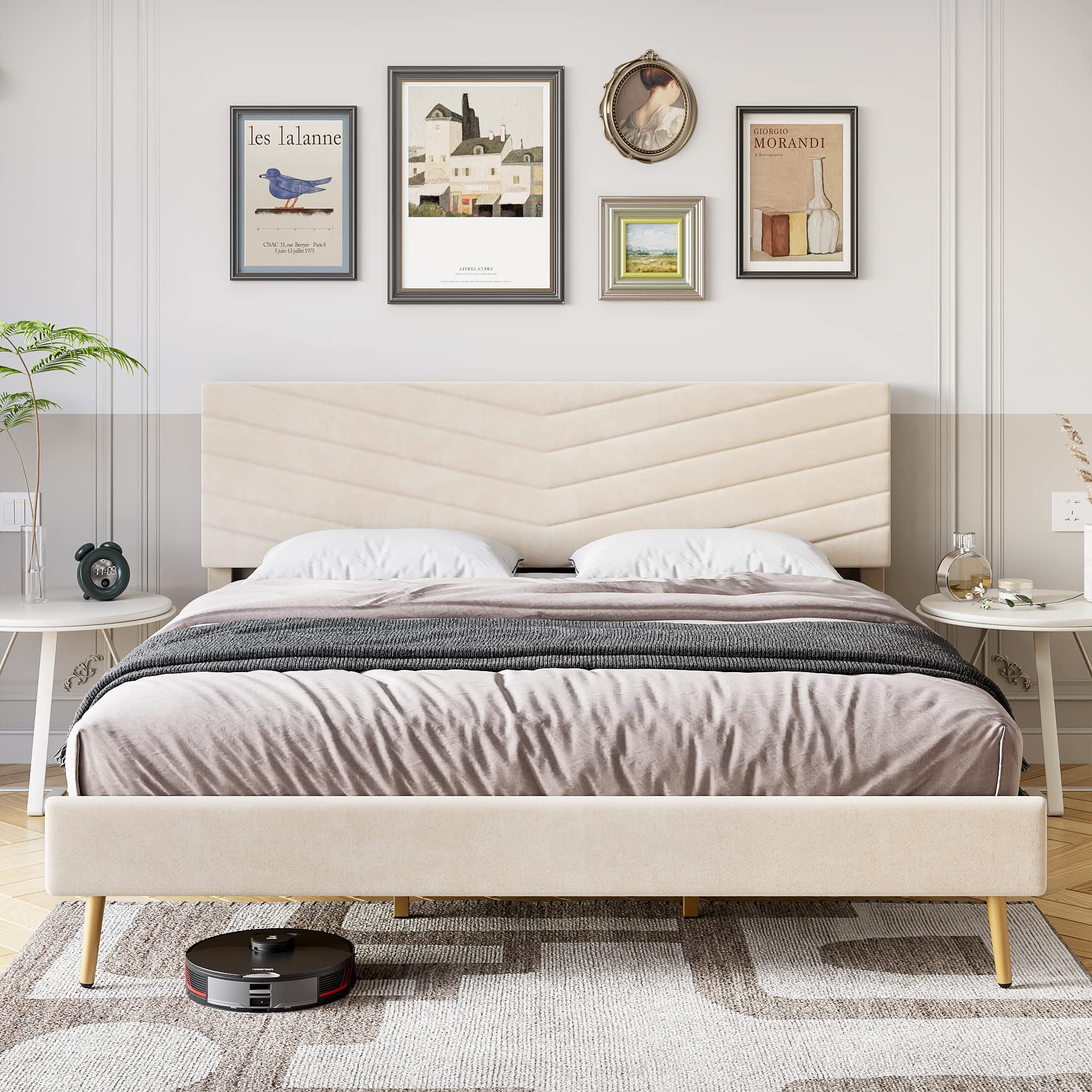 Upholstered Bed Frame King Size, Velvet Bed Frame King with Adjustable Headboard, Platform Bed Frame and Headboard, Noise-Free, No Box Spring Needed