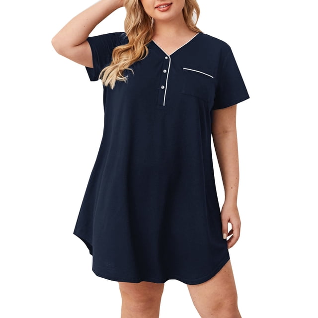 Besolor Chemise de Nuit Grande Taille pour Femmes Col en V Boutons Manches Courtes Chemise de Nuit Décontractée Douce Robe de Pyjama