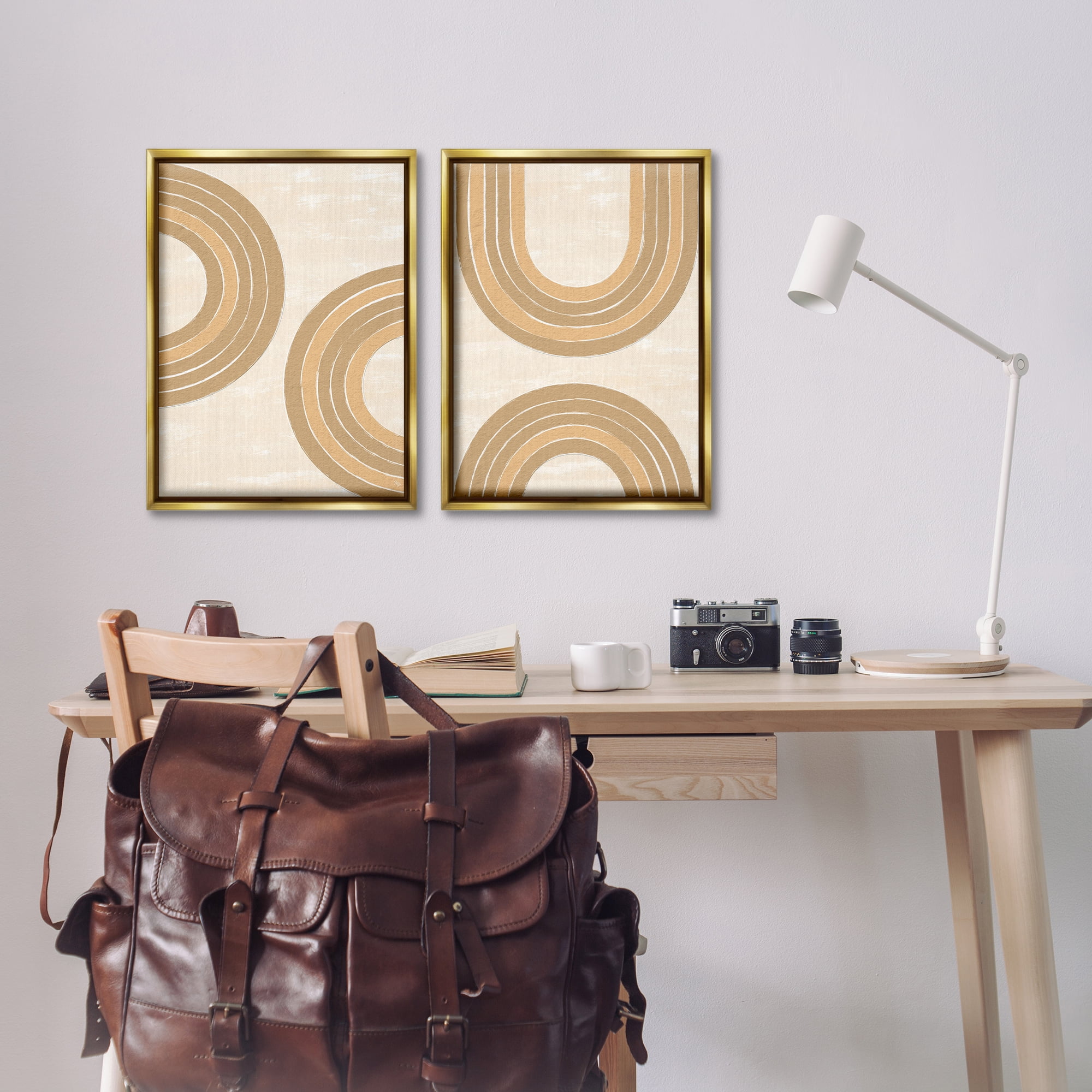 Stupell Industries Neutral Beige Rainbows Abstract Painting Gold Floater Framed Canvas Art Print Wall Art, 17 x 25, Set of 2