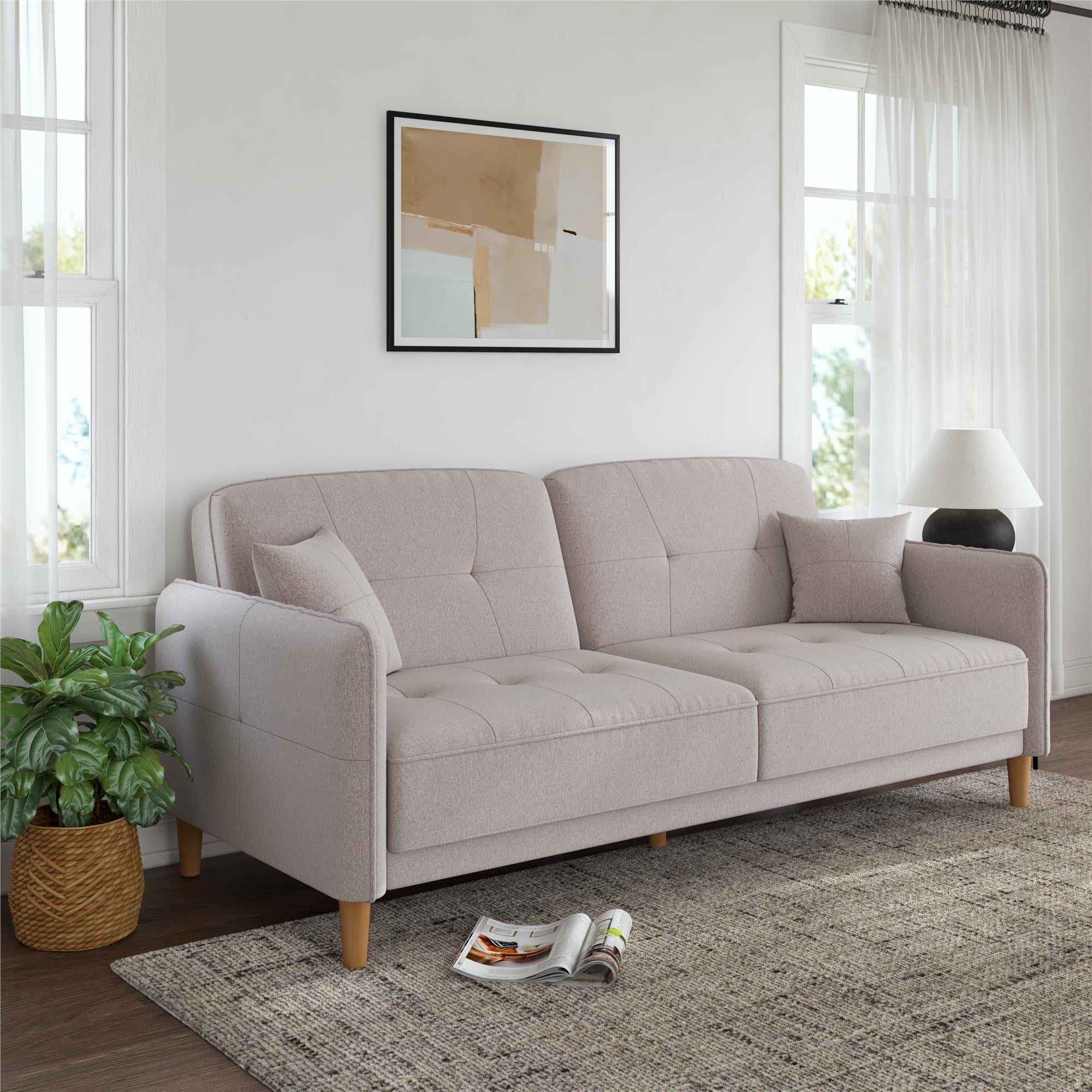 Mainstays Claremonte 78" Tufted 3 Seater Sofa Couch with Throw Cushions, Light Gray Linen