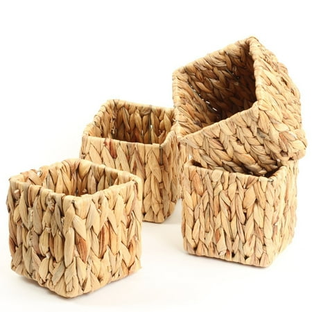Hyacinth Pack - Koyal Wholeslae Natural Water Hyacinth Vases, 4-Inch Cube Plant Baskets, Set of 4, Bins, Tropical Wedding Centerpiece