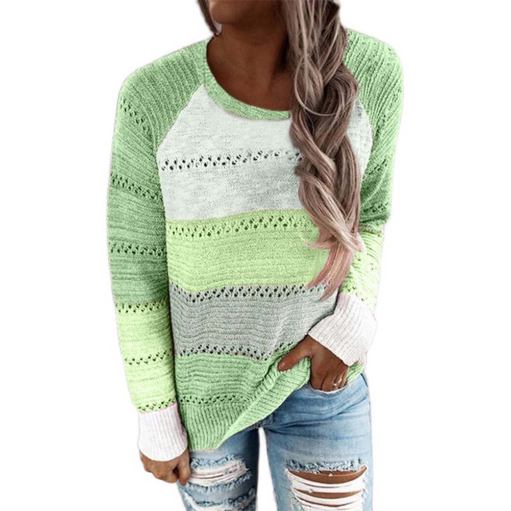 Womens Chunky Knitted Round Neck Contrast Sweater Ladies Block Panel Top Jumper